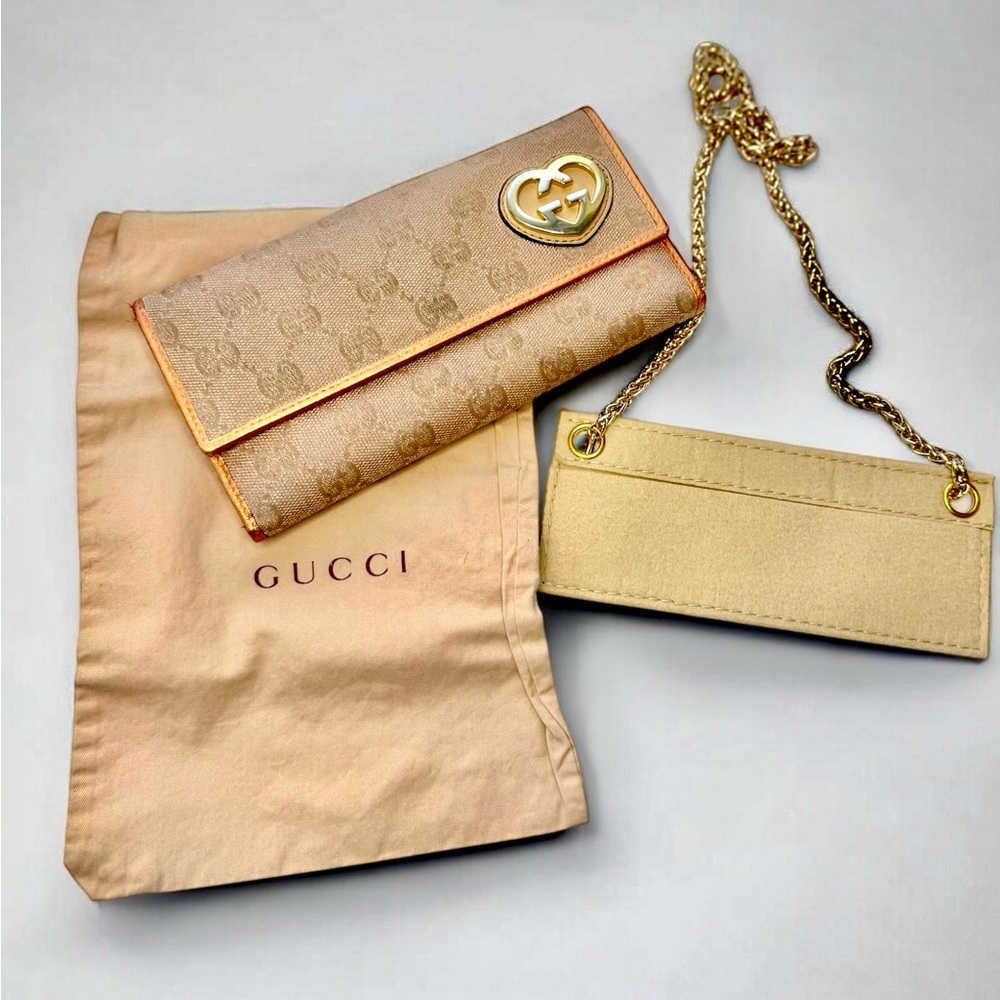 Gucci Lovely Heart GG Wallet on Chain Beige Pink Gold Box Dust Bag COA